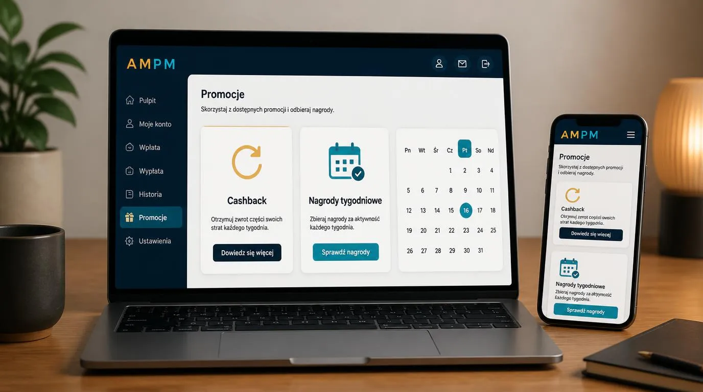 Panel promocji kasyna z kalendarzem piątkowych bonusów i kartą cashbacku