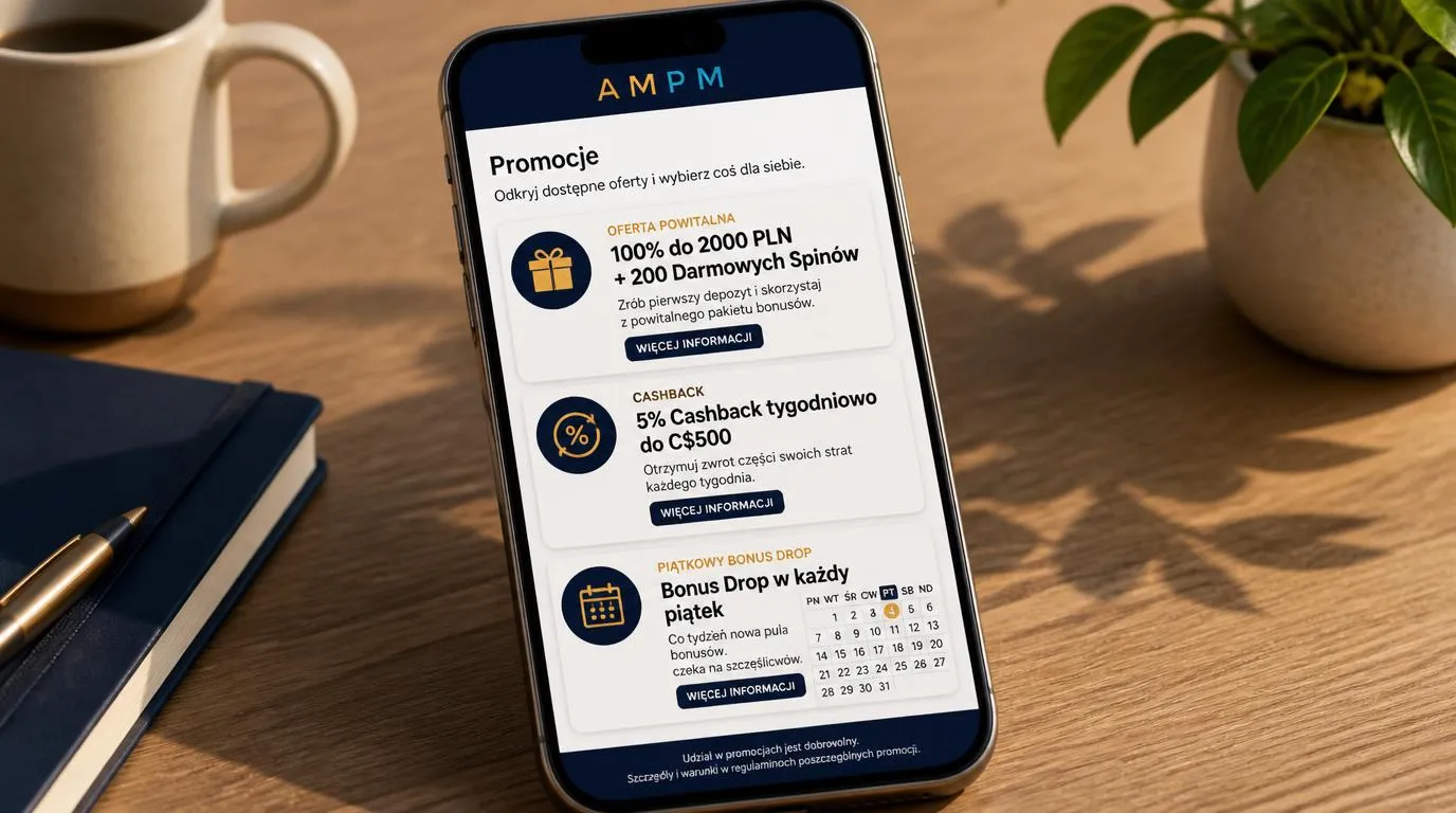 Ekran promocji kasyna z pakietem powitalnym, tygodniowym cashbackiem i piątkowymi bonusami